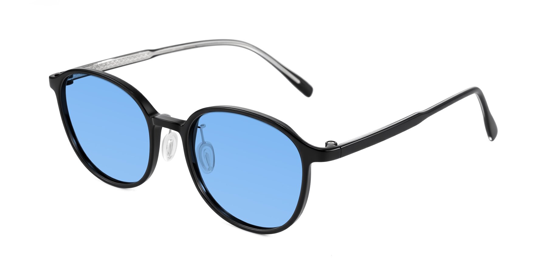 Angle of Vessani in Black with Medium Blue Tinted Lenses