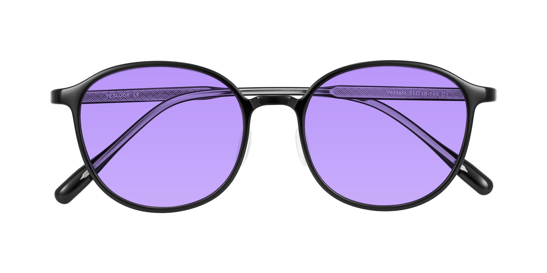 Folded Front of Vessani in Black with Medium Purple Tinted Lenses