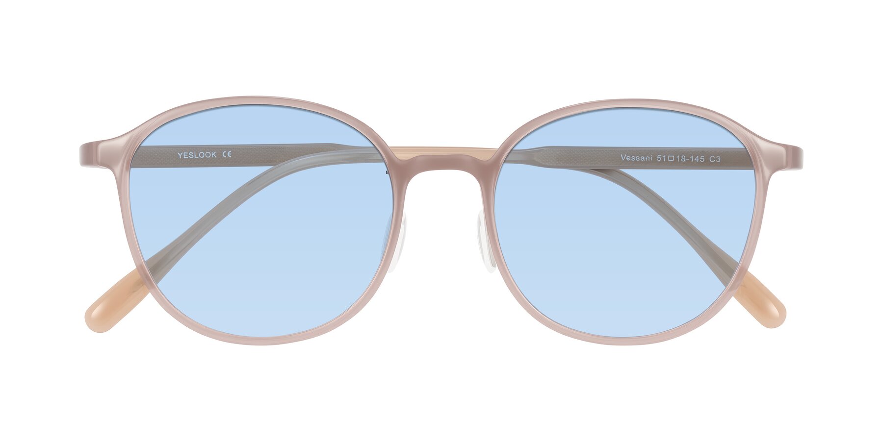 Folded Front of Vessani in Pastel Brown with Light Blue Tinted Lenses
