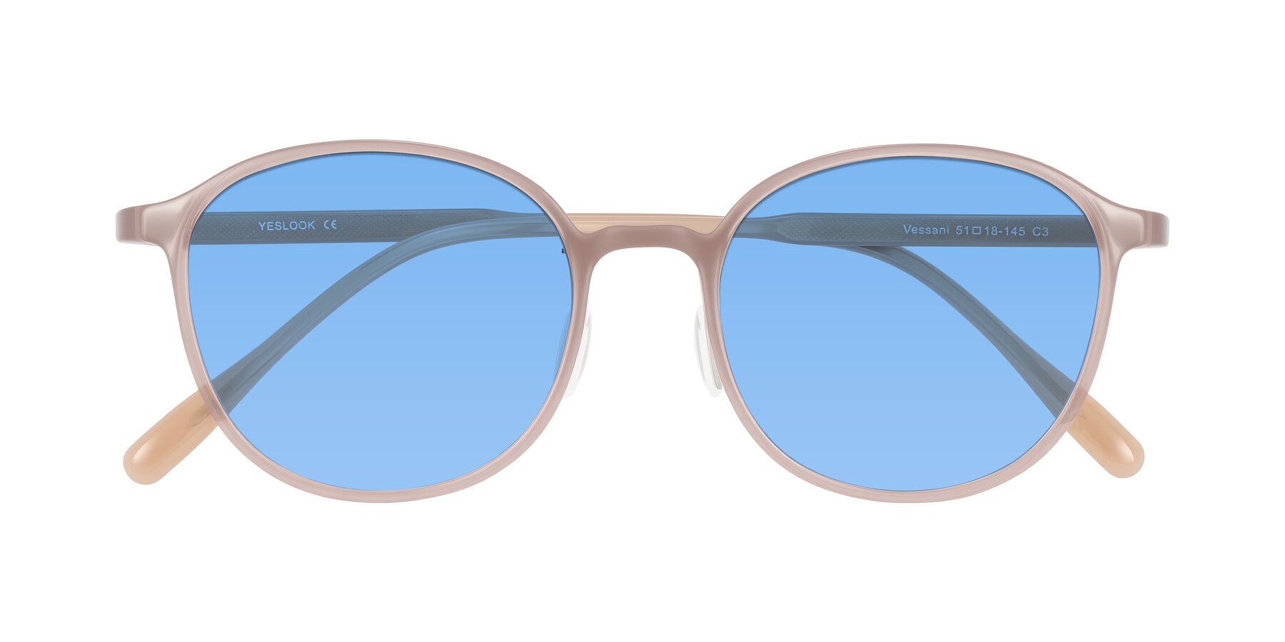 Folded Front of Vessani in Pastel Brown with Medium Blue Tinted Lenses