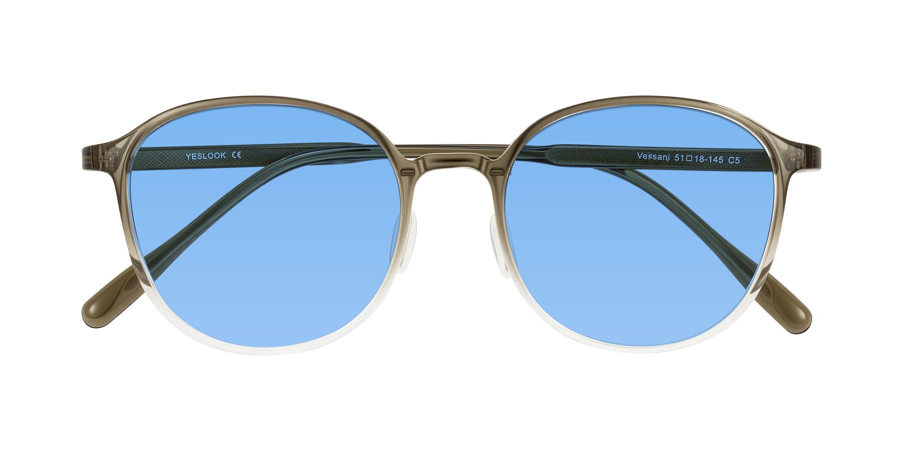 Folded Front of Vessani in Brown/Clear with Medium Blue Tinted Lenses