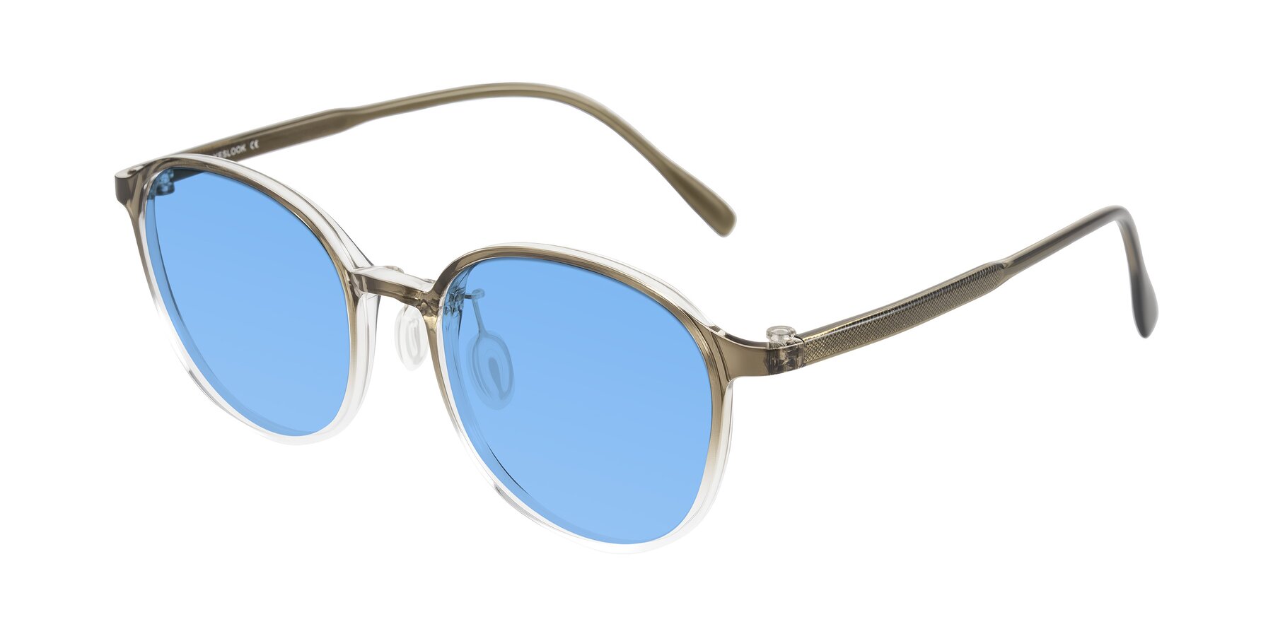 Angle of Vessani in Brown/Clear with Medium Blue Tinted Lenses