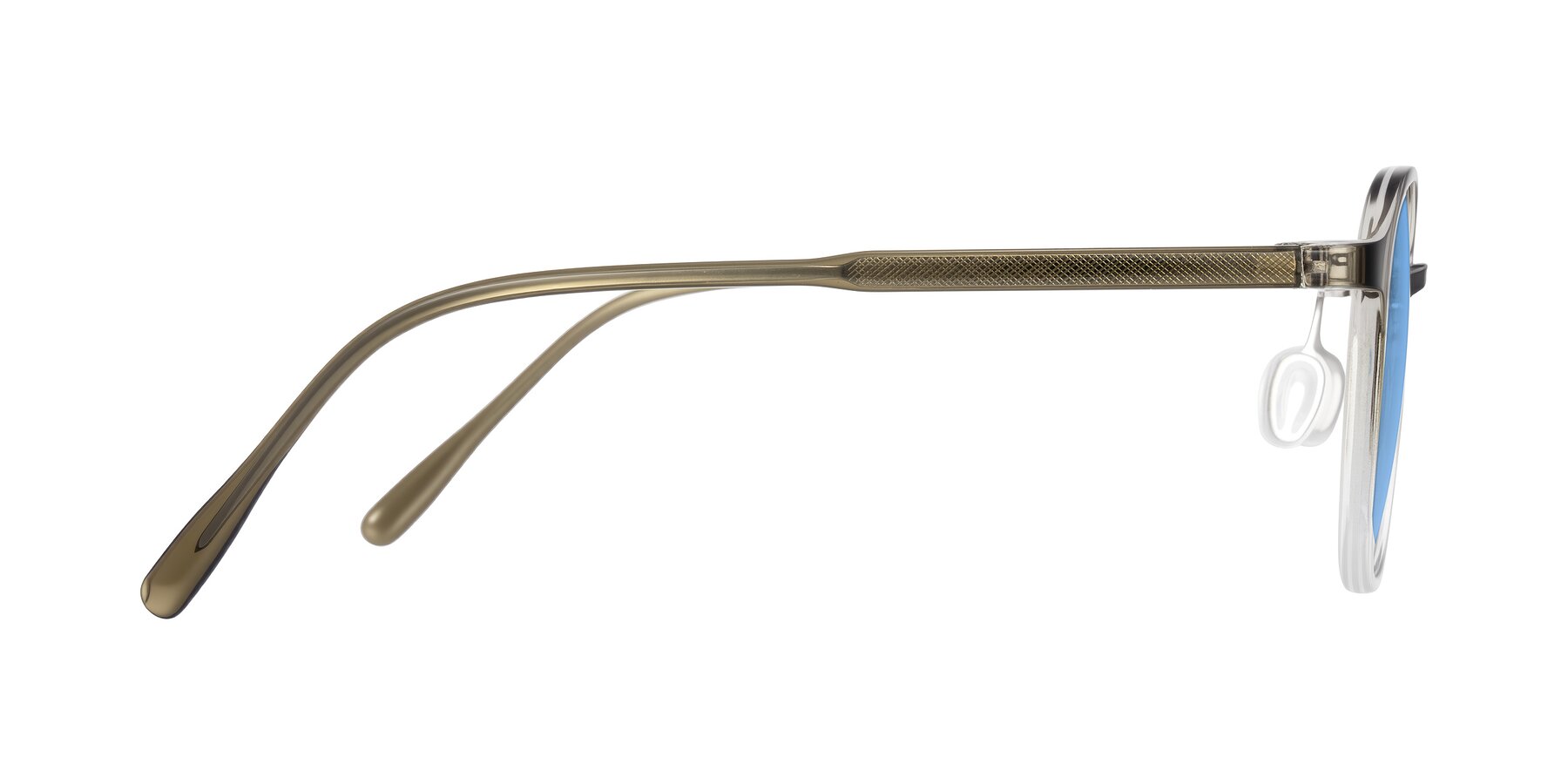 Side of Vessani in Brown/Clear with Medium Blue Tinted Lenses