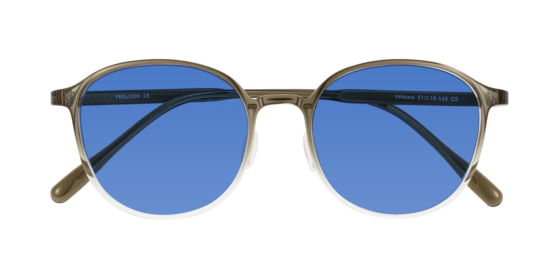 Folded Front of Vessani in Brown/Clear with Blue Tinted Lenses
