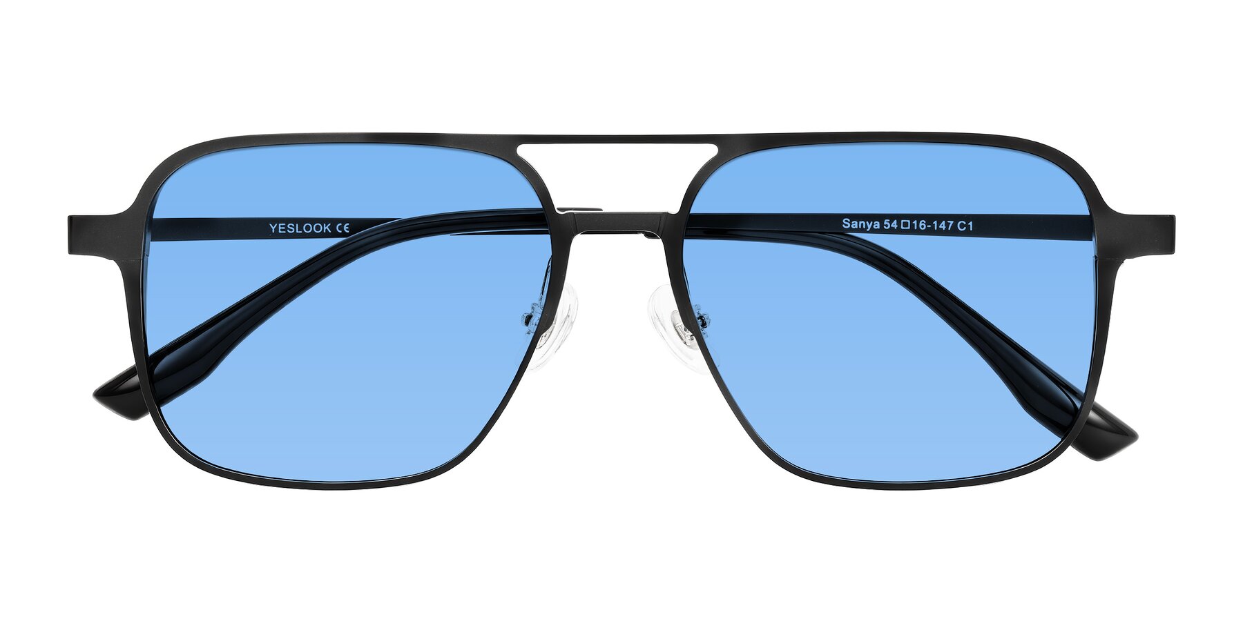 Folded Front of Sanya in Matte Black with Medium Blue Tinted Lenses