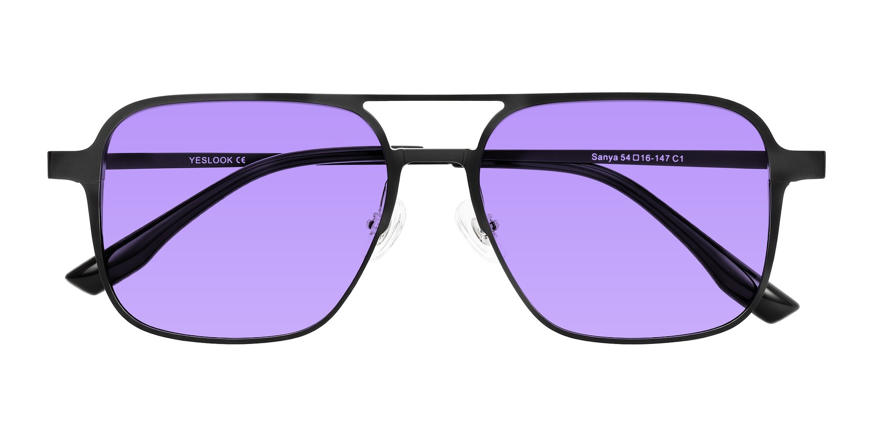 Folded Front of Sanya in Matte Black with Medium Purple Tinted Lenses