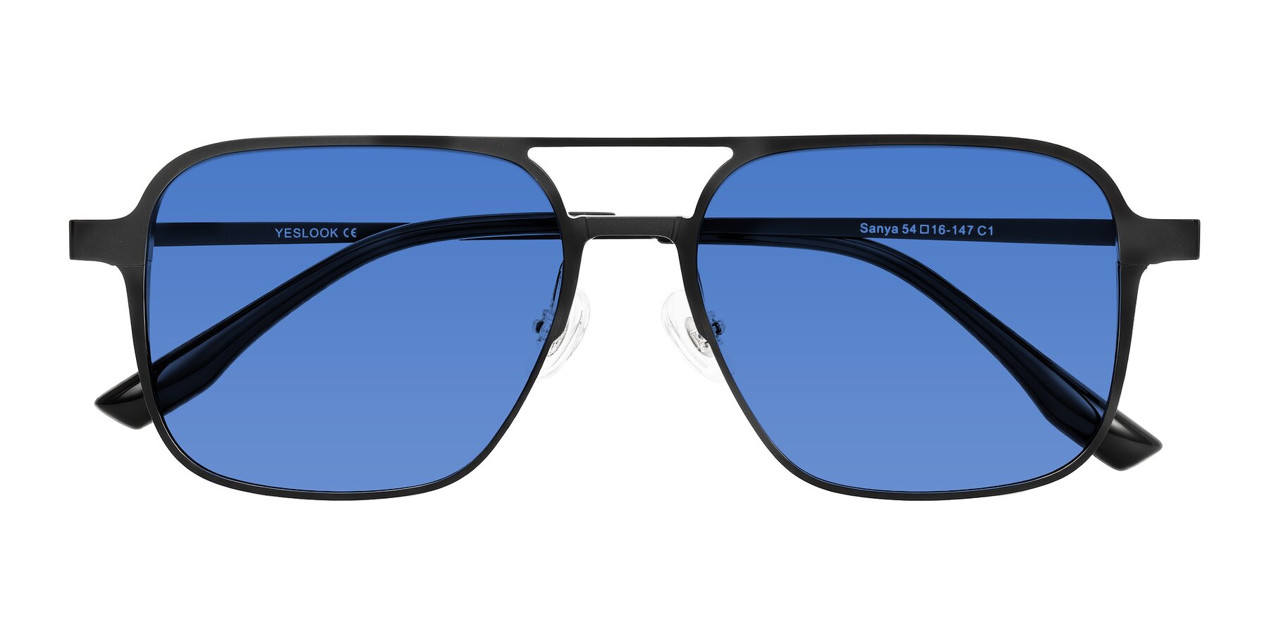 Folded Front of Sanya in Matte Black with Blue Tinted Lenses