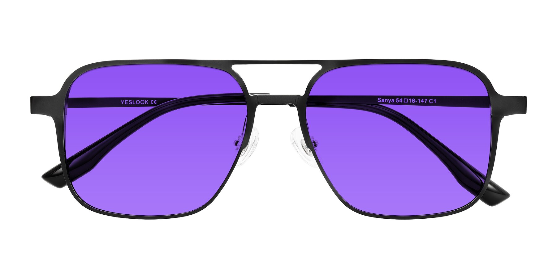 Folded Front of Sanya in Matte Black with Purple Tinted Lenses