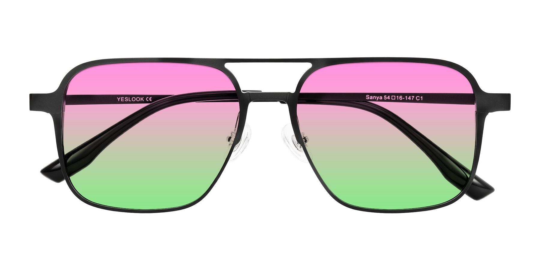 Folded Front of Sanya in Matte Black with Pink / Green Gradient Lenses