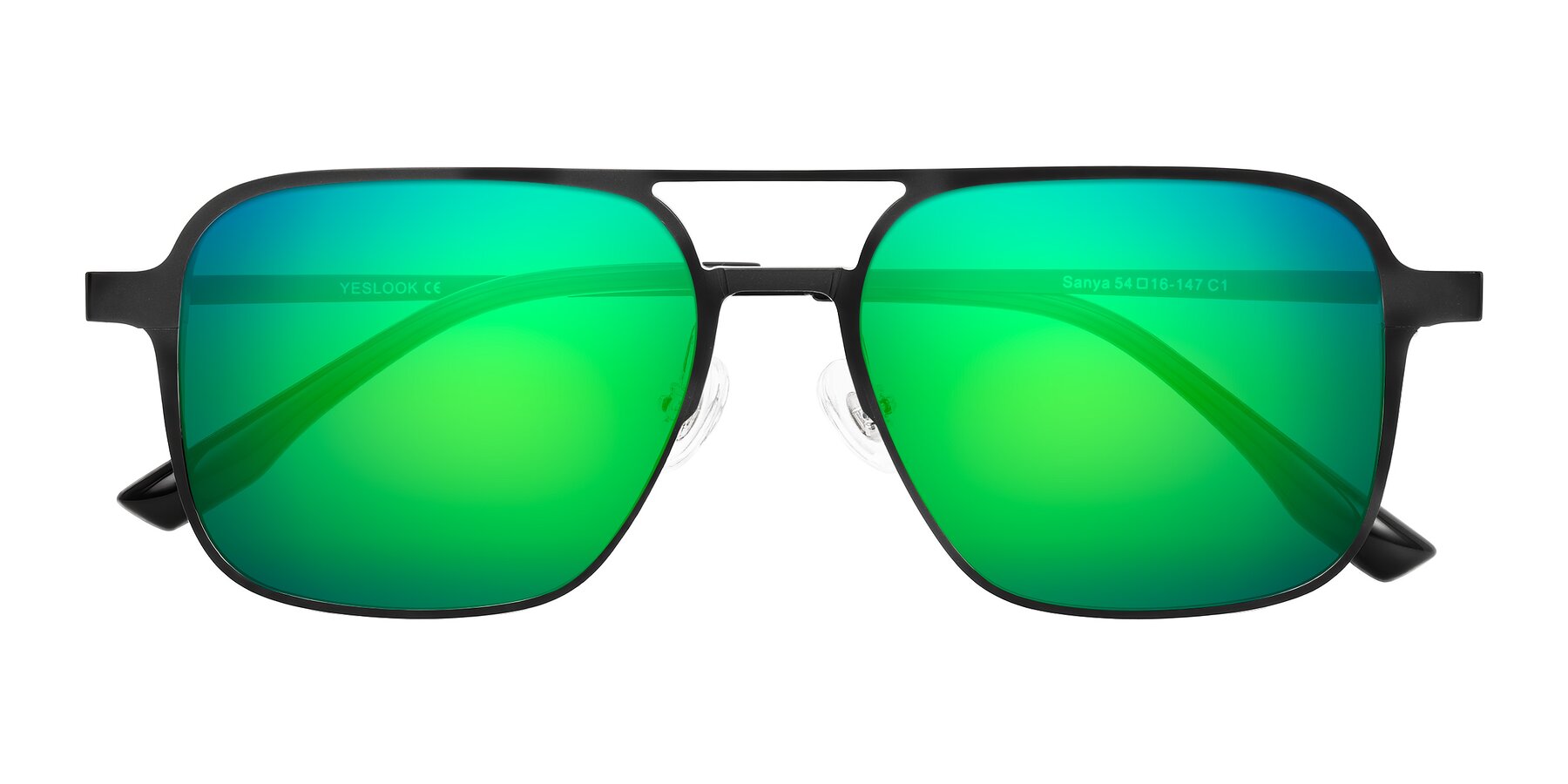 Folded Front of Sanya in Matte Black with Green Mirrored Lenses