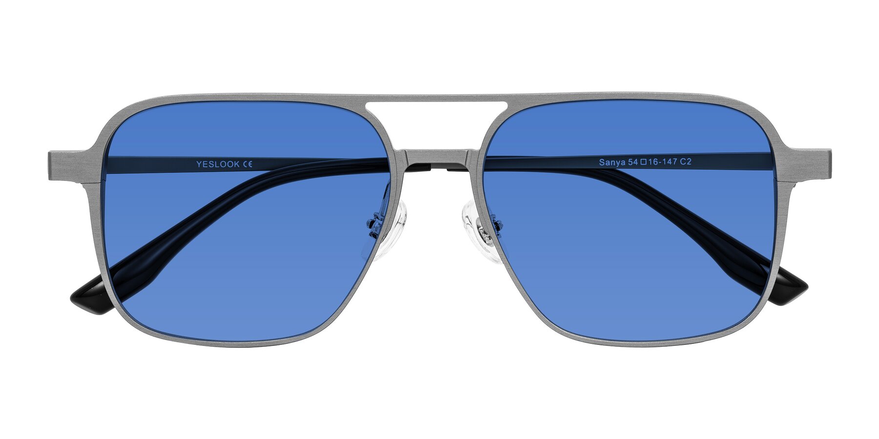 Folded Front of Sanya in Gunmetal with Blue Tinted Lenses