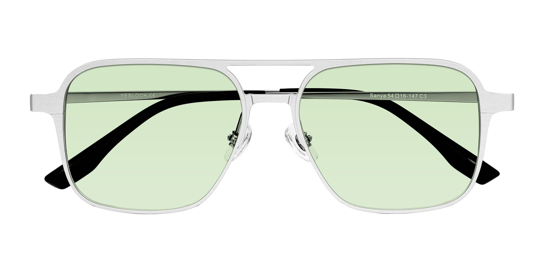 Folded Front of Sanya in Matte Silver with Light Green Tinted Lenses