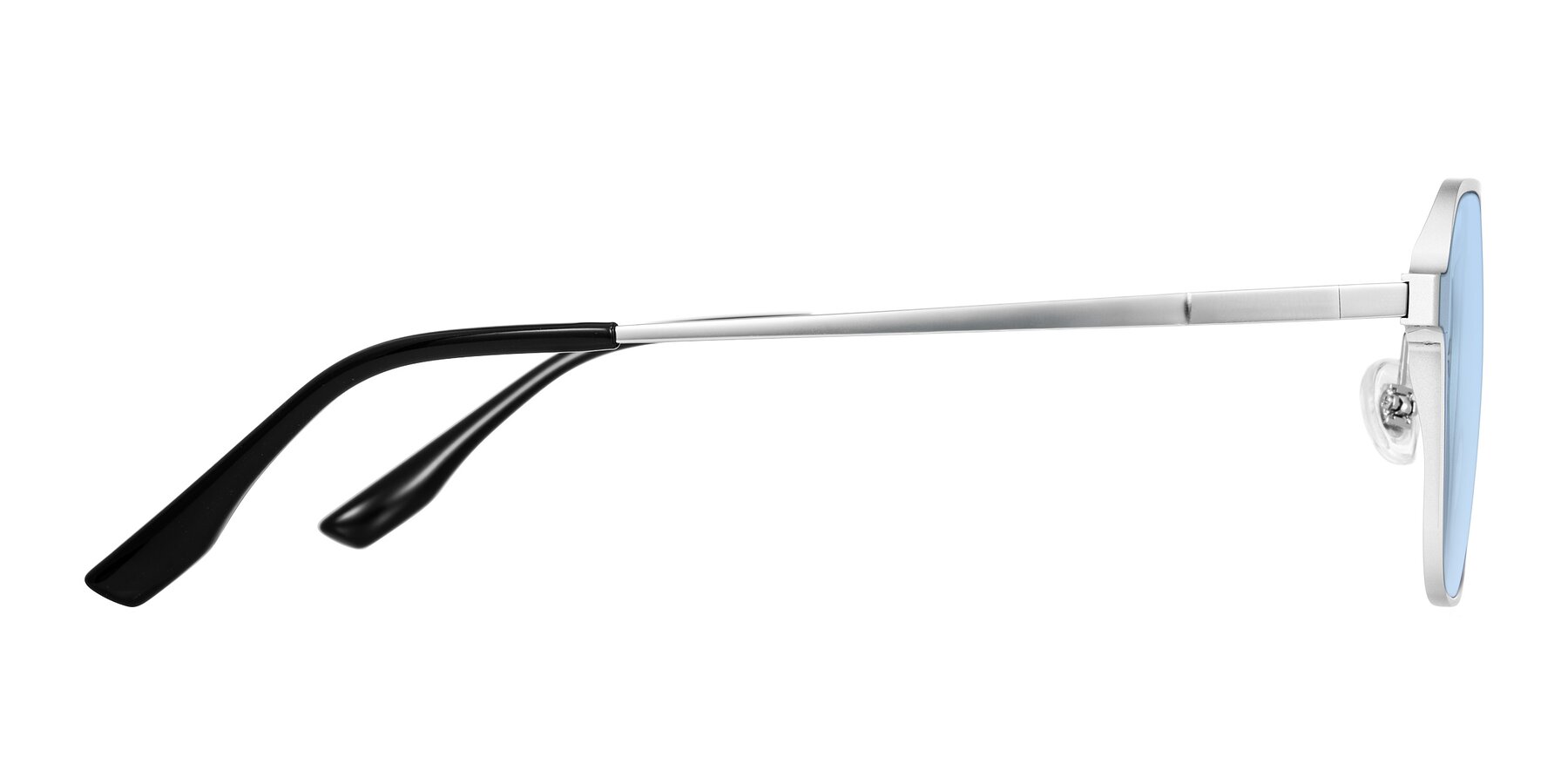 Side of Sanya in Matte Silver with Light Blue Tinted Lenses