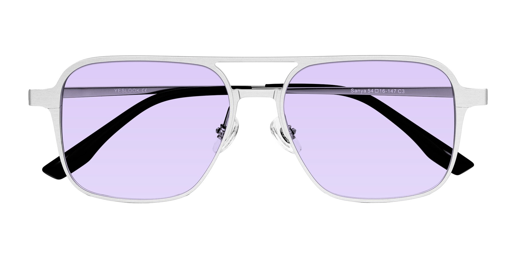 Folded Front of Sanya in Matte Silver with Light Purple Tinted Lenses