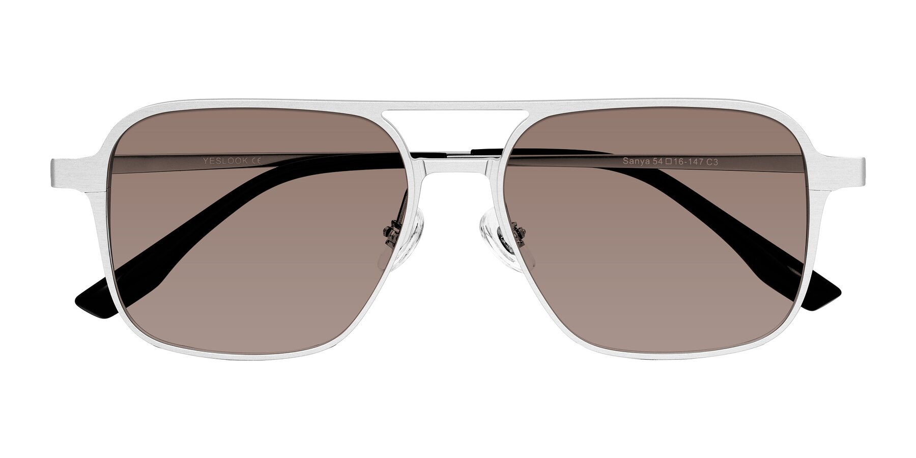 Folded Front of Sanya in Matte Silver with Medium Brown Tinted Lenses
