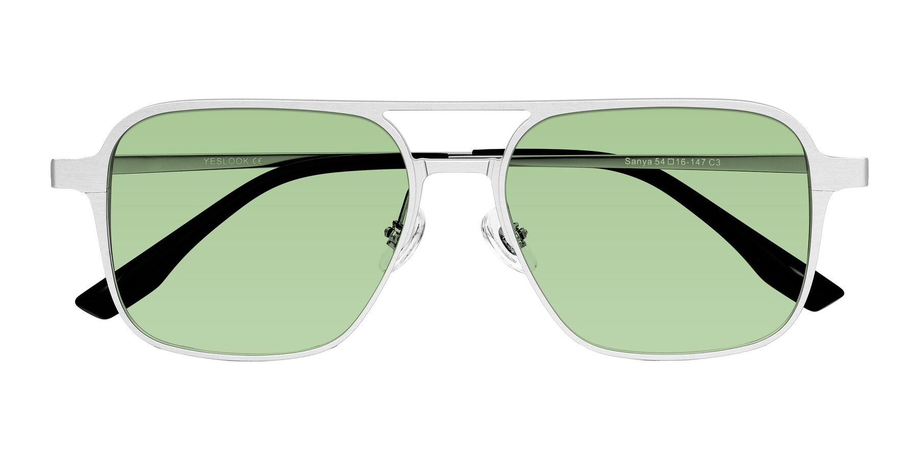 Folded Front of Sanya in Matte Silver with Medium Green Tinted Lenses