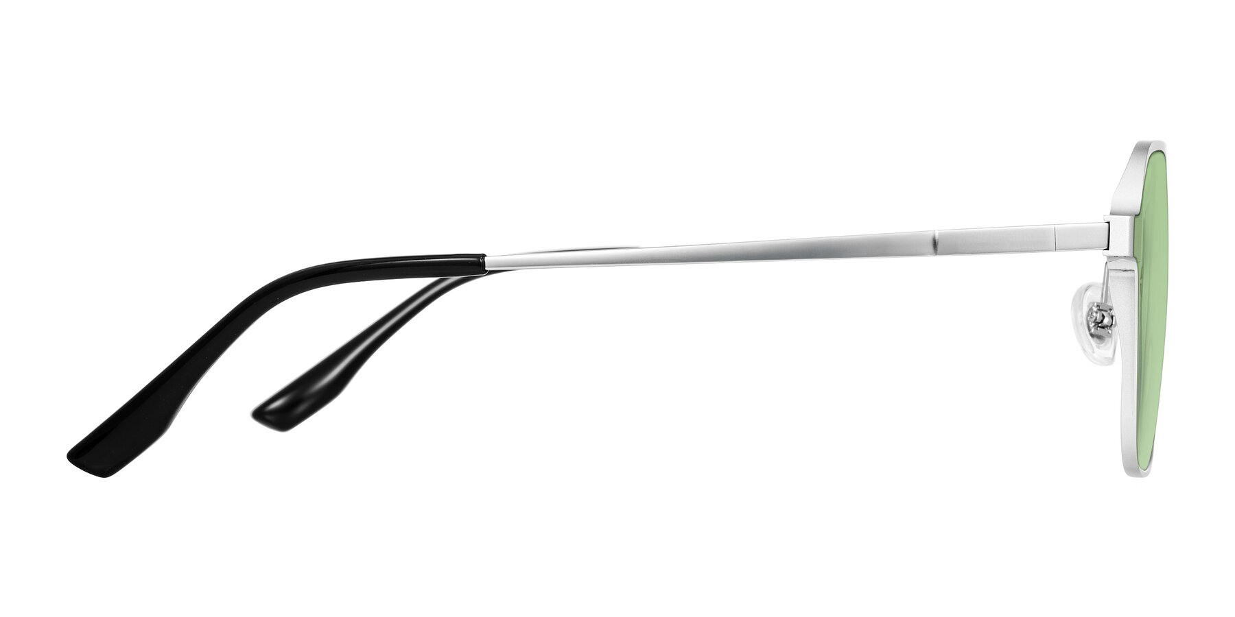 Side of Sanya in Matte Silver with Medium Green Tinted Lenses