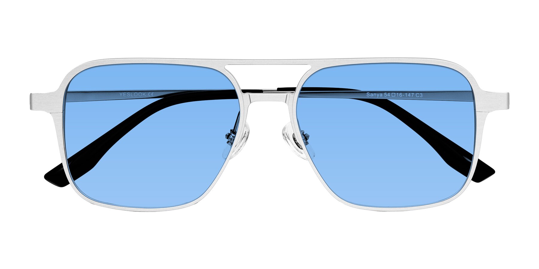 Folded Front of Sanya in Matte Silver with Medium Blue Tinted Lenses
