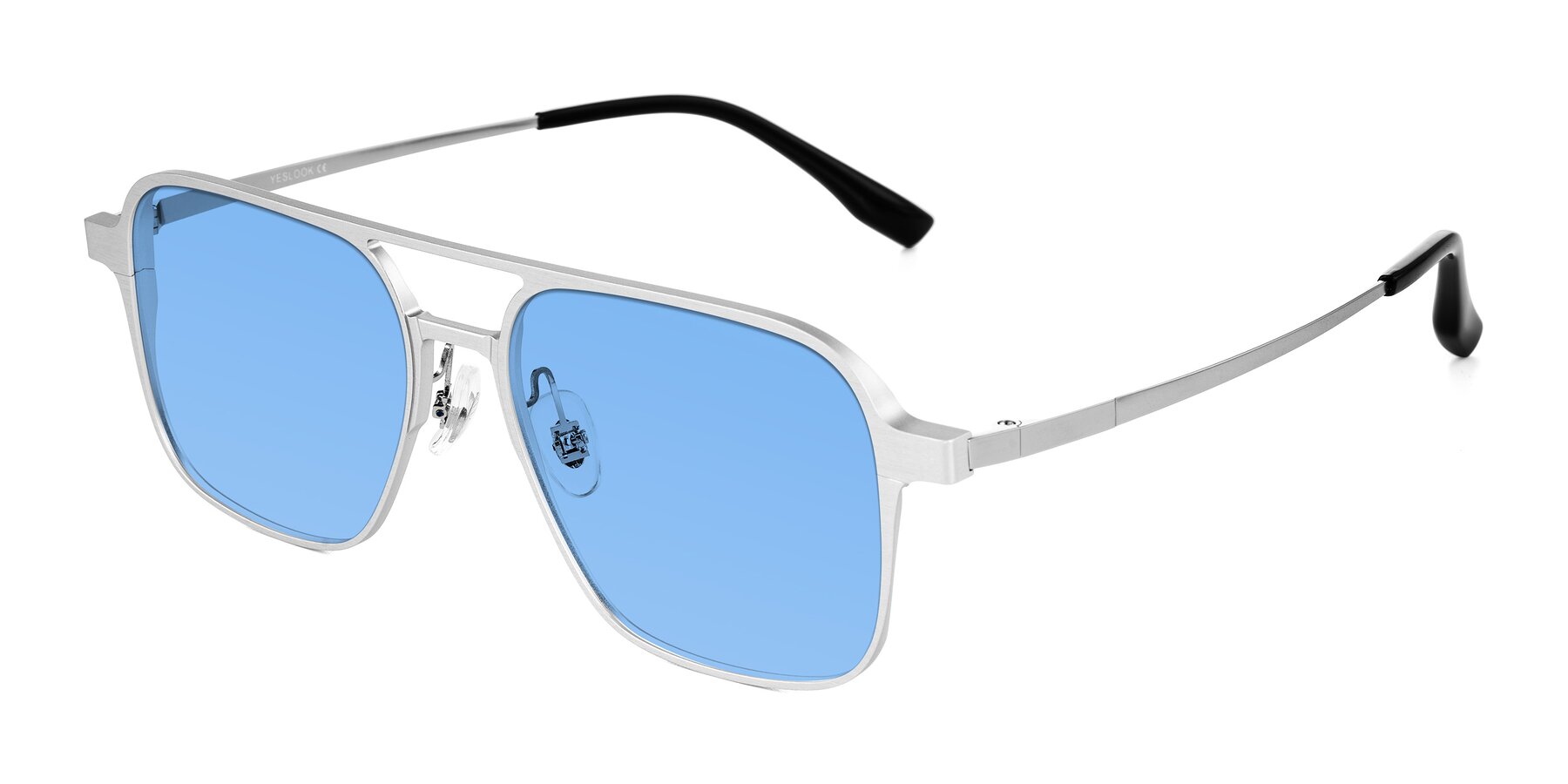 Angle of Sanya in Matte Silver with Medium Blue Tinted Lenses