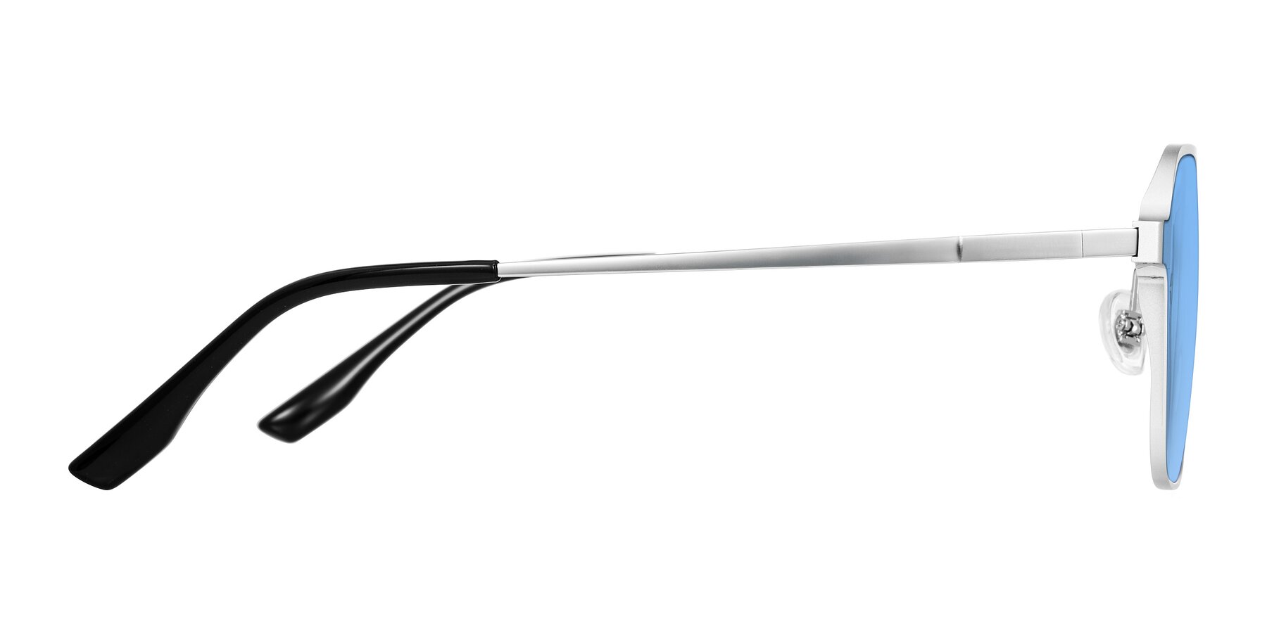 Side of Sanya in Matte Silver with Medium Blue Tinted Lenses