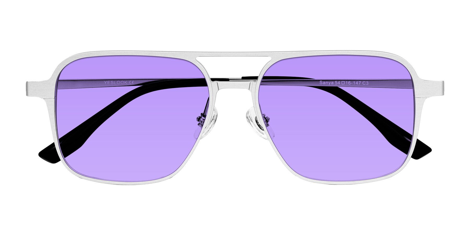 Folded Front of Sanya in Matte Silver with Medium Purple Tinted Lenses