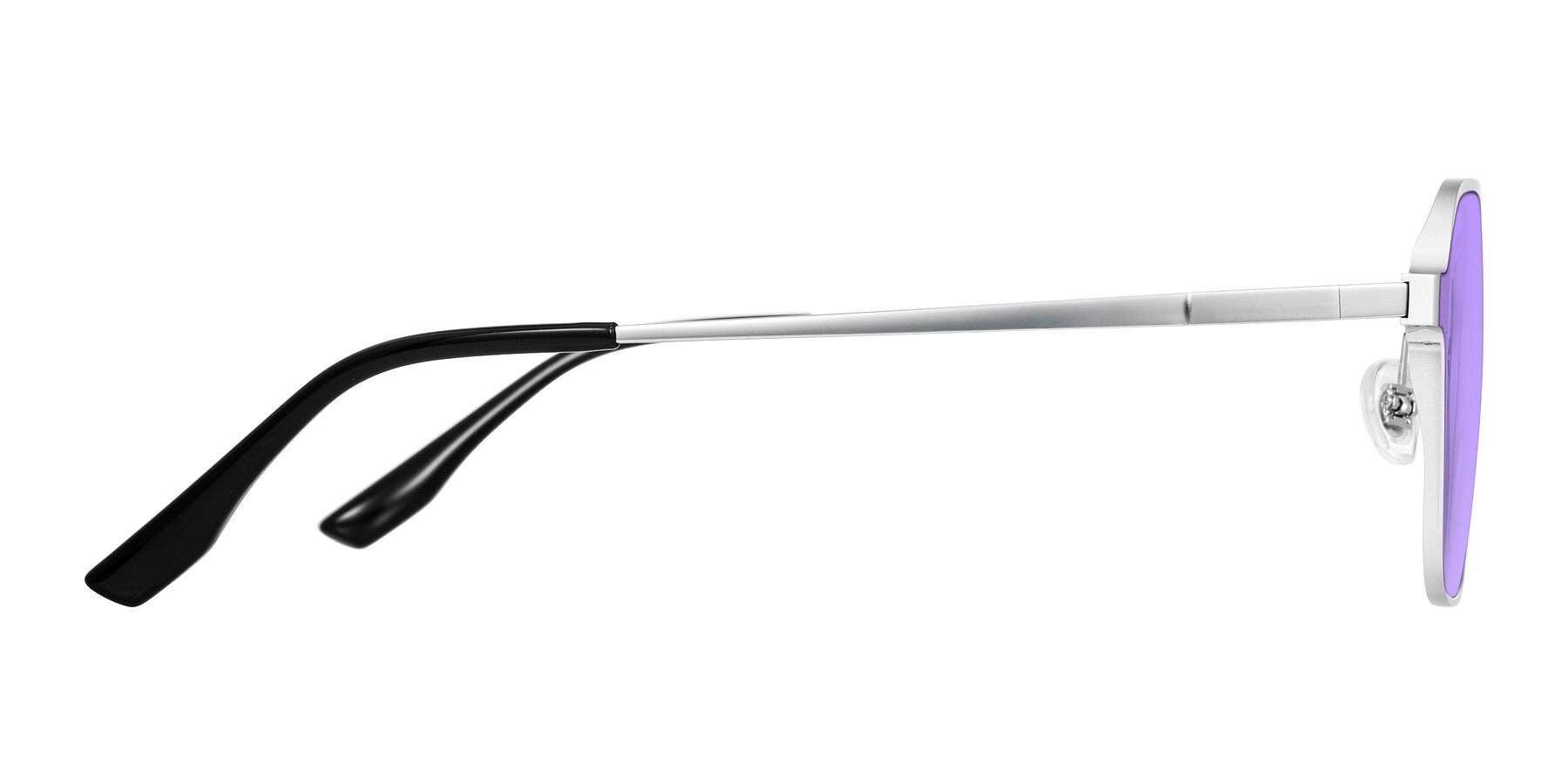 Side of Sanya in Matte Silver with Medium Purple Tinted Lenses