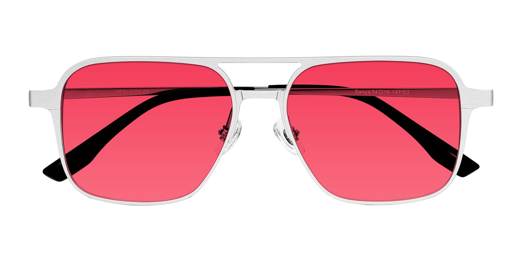 Folded Front of Sanya in Matte Silver with Red Tinted Lenses