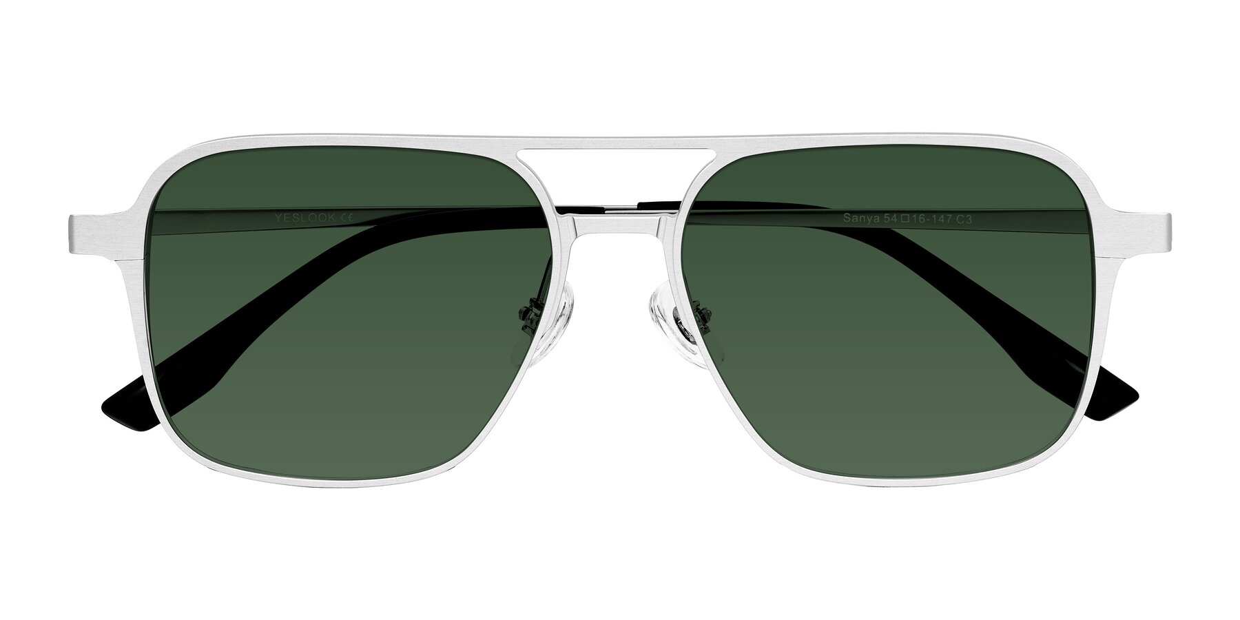 Folded Front of Sanya in Matte Silver with Green Tinted Lenses