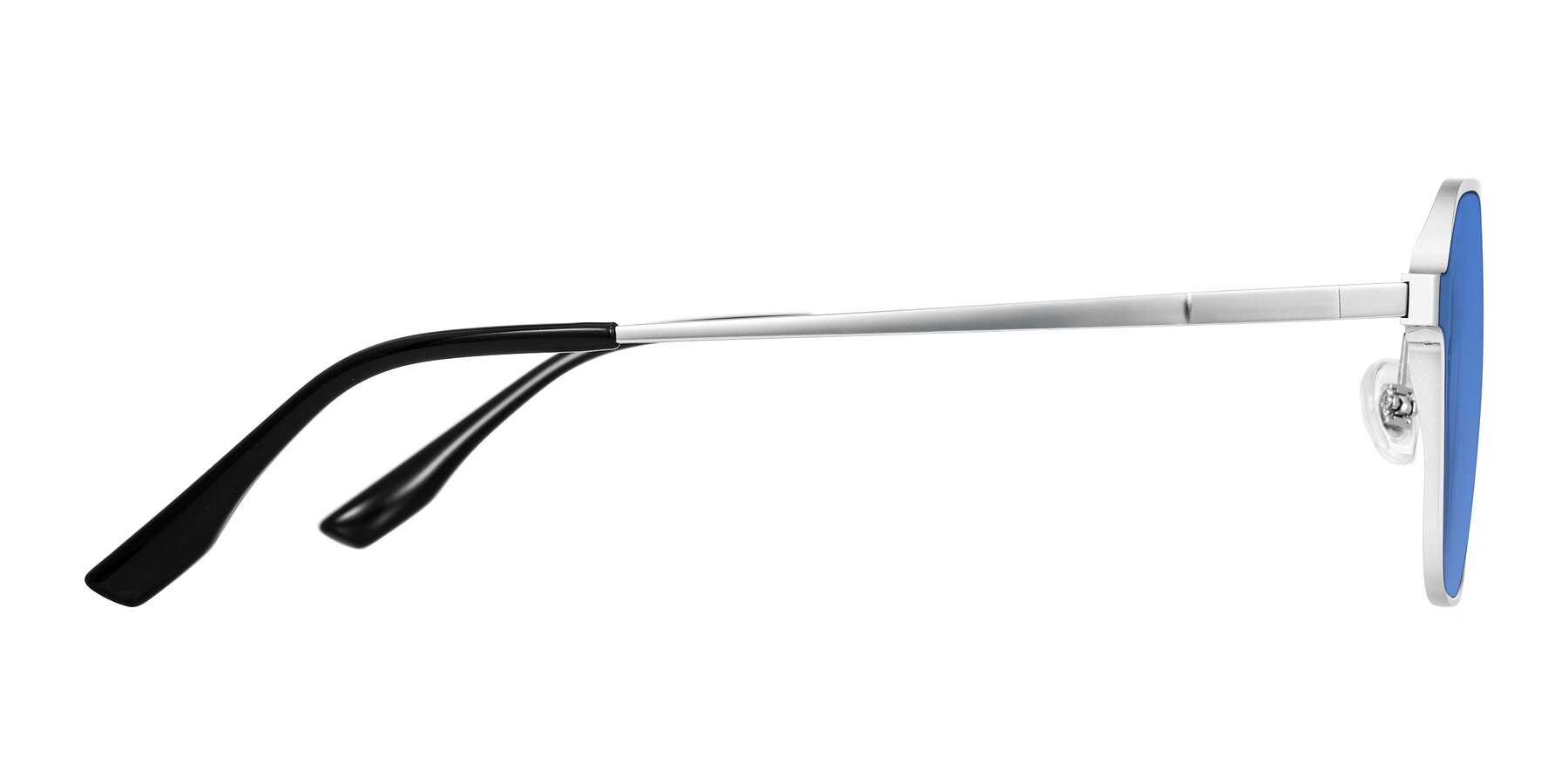 Side of Sanya in Matte Silver with Blue Tinted Lenses