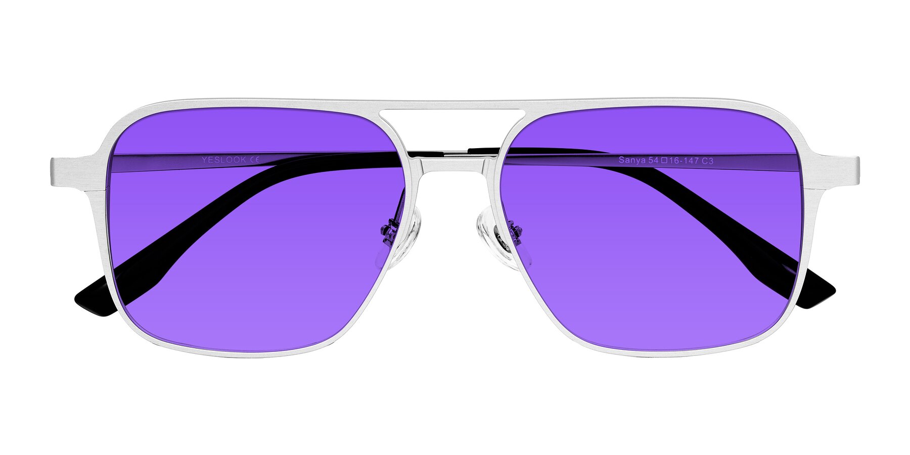 Folded Front of Sanya in Matte Silver with Purple Tinted Lenses