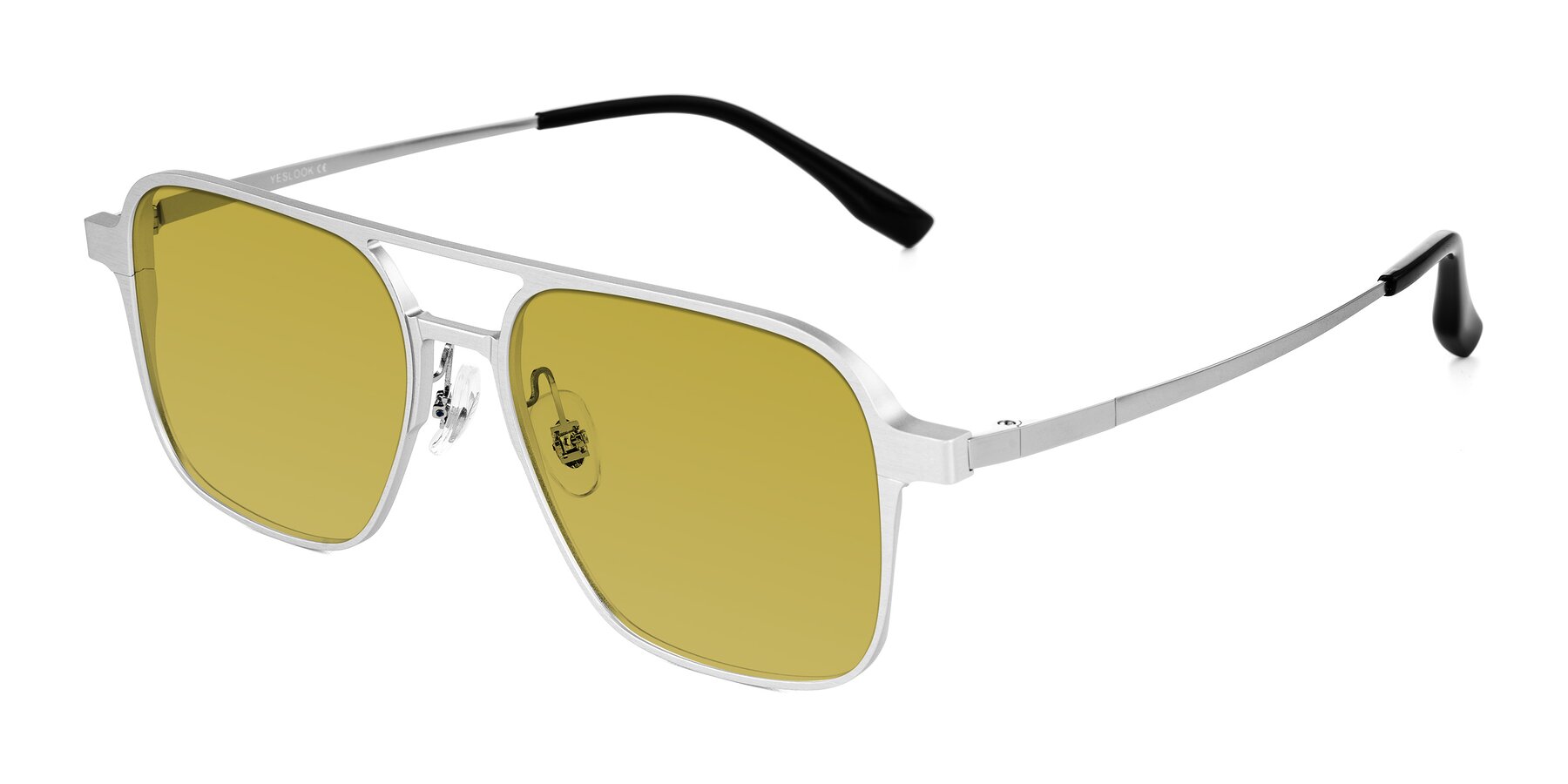 Angle of Sanya in Matte Silver with Champagne Tinted Lenses