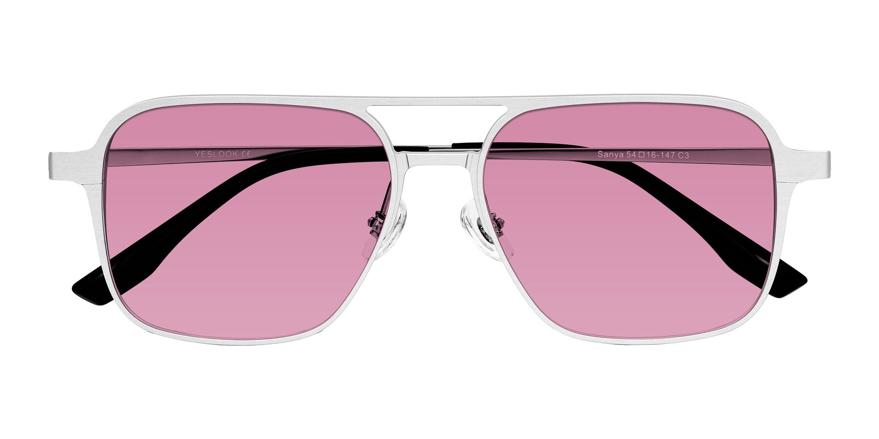 Folded Front of Sanya in Matte Silver with Medium Wine Tinted Lenses