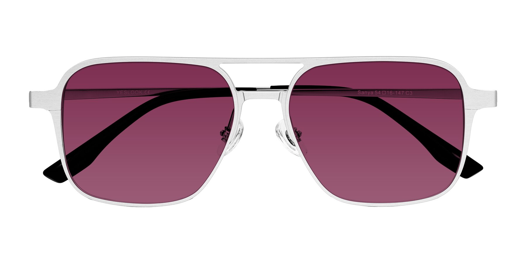 Folded Front of Sanya in Matte Silver with Wine Tinted Lenses