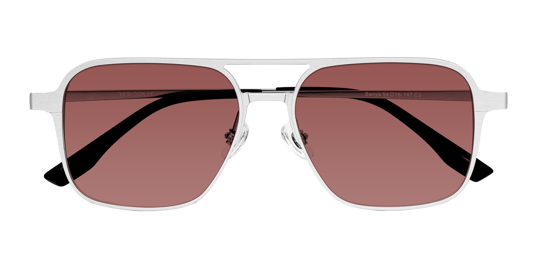 Folded Front of Sanya in Matte Silver with Garnet Tinted Lenses