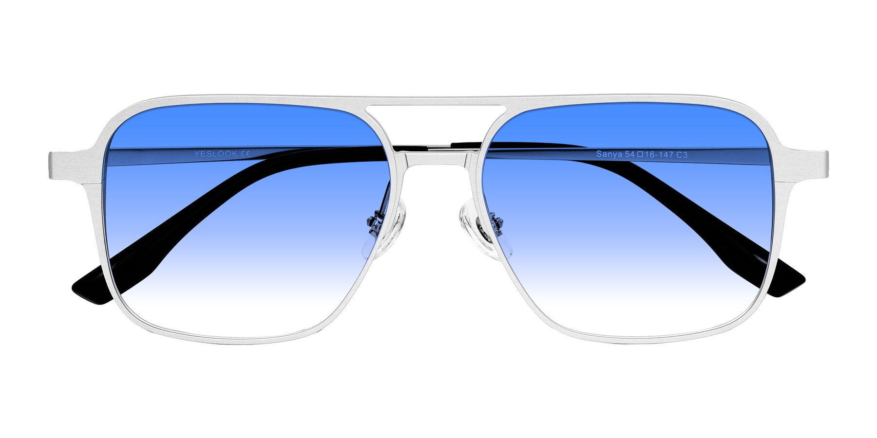 Folded Front of Sanya in Matte Silver with Blue Gradient Lenses