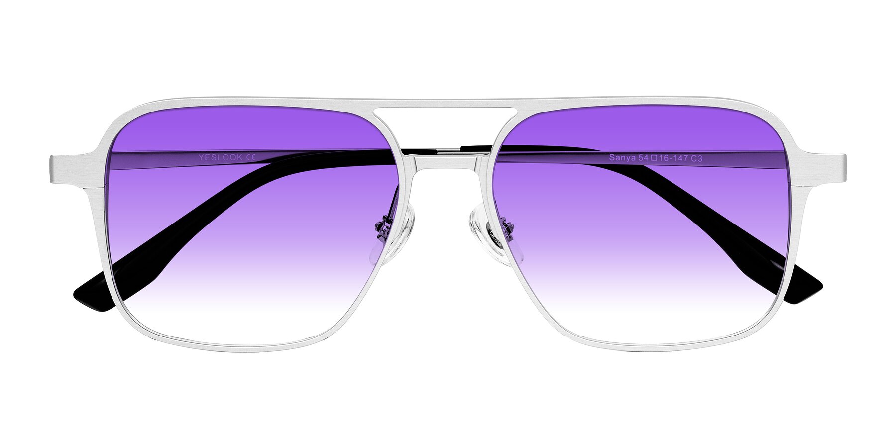Folded Front of Sanya in Matte Silver with Purple Gradient Lenses