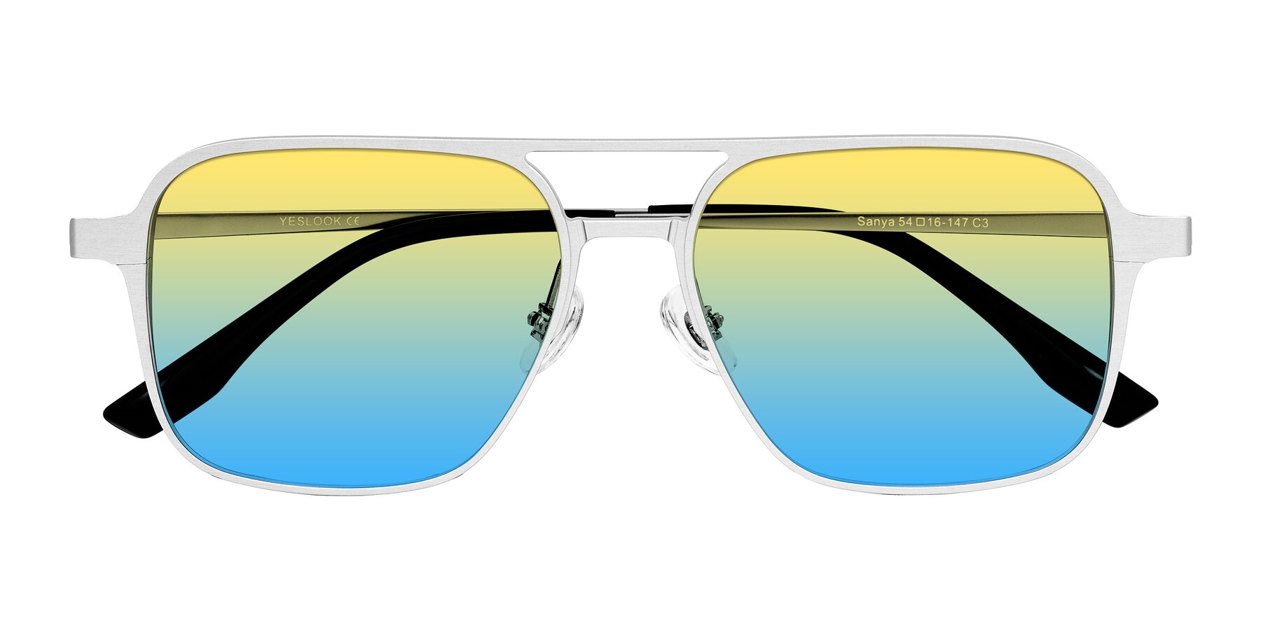 Folded Front of Sanya in Matte Silver with Yellow / Blue Gradient Lenses