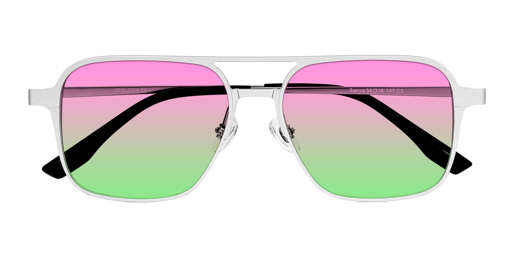 Folded Front of Sanya in Matte Silver with Pink / Green Gradient Lenses