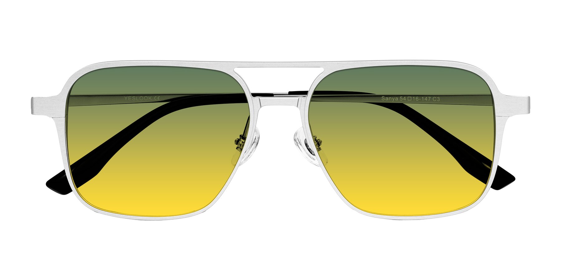 Folded Front of Sanya in Matte Silver with Green / Yellow Gradient Lenses