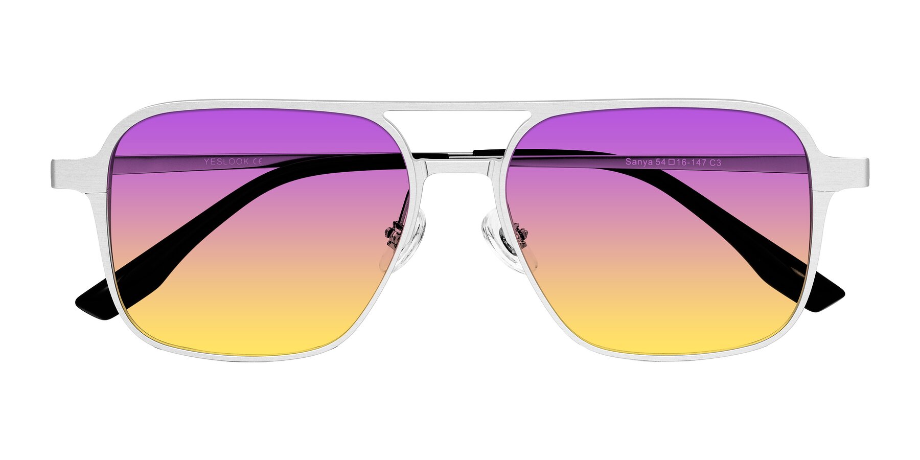 Folded Front of Sanya in Matte Silver with Purple / Yellow Gradient Lenses