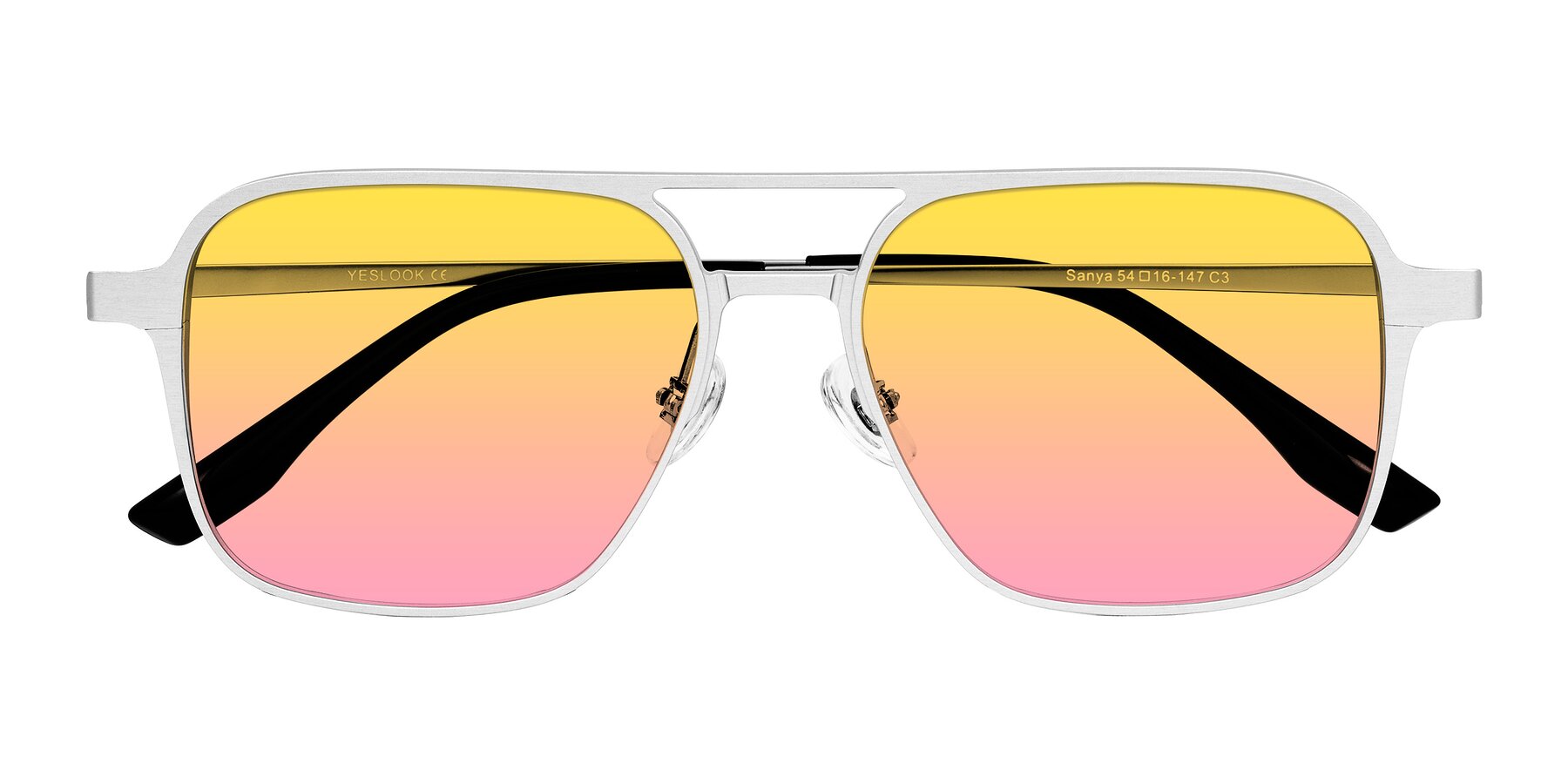 Folded Front of Sanya in Matte Silver with Yellow / Pink Gradient Lenses