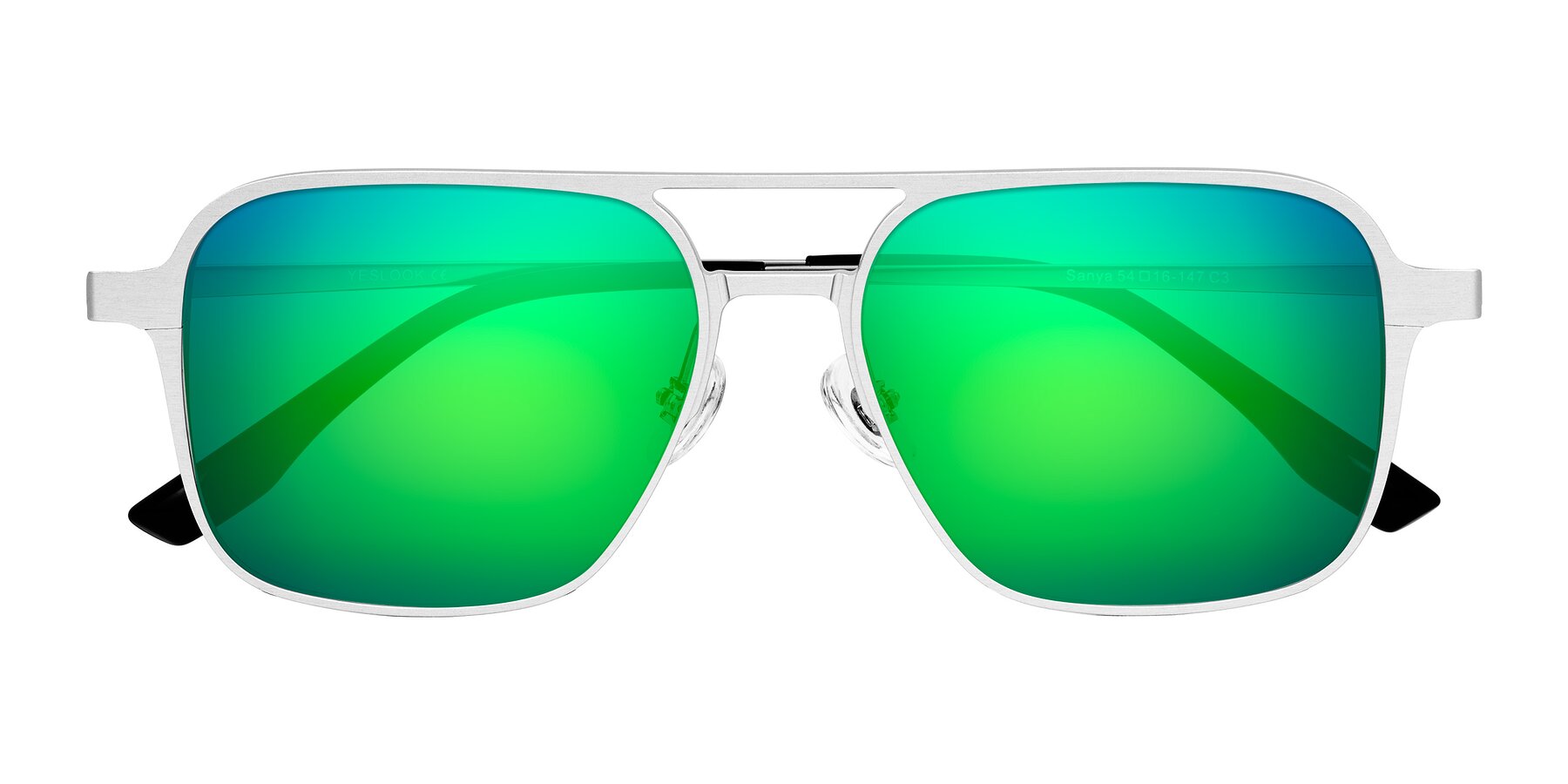 Folded Front of Sanya in Matte Silver with Green Mirrored Lenses