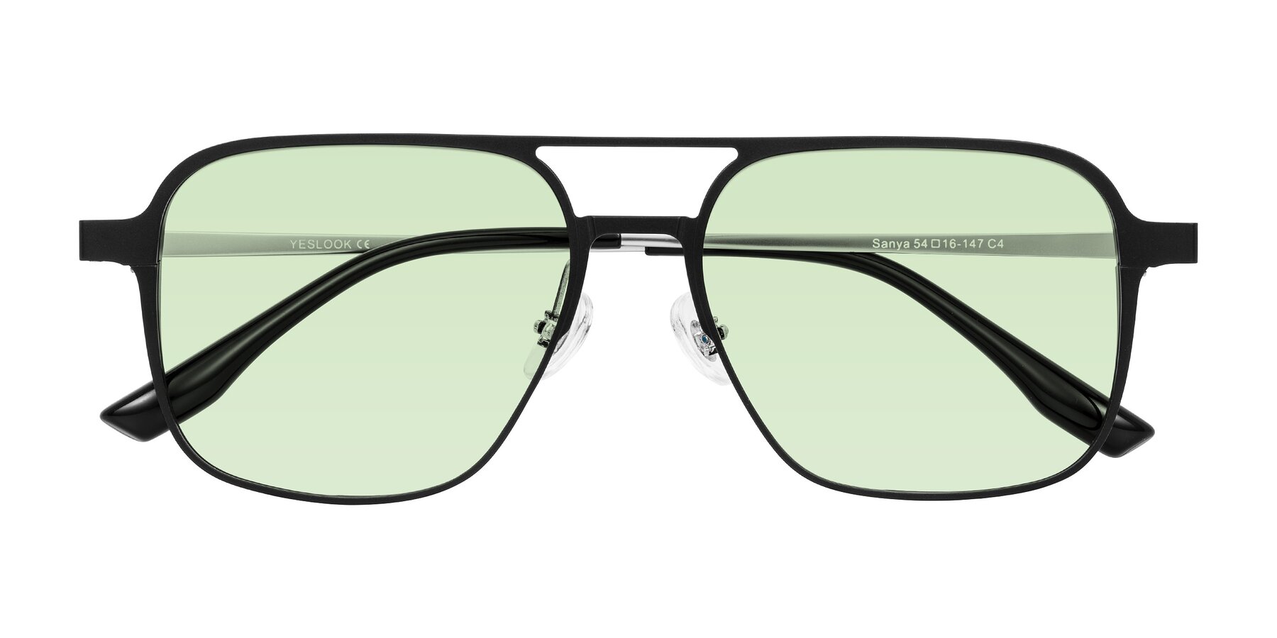 Folded Front of Sanya in Matte Black/Silver with Light Green Tinted Lenses