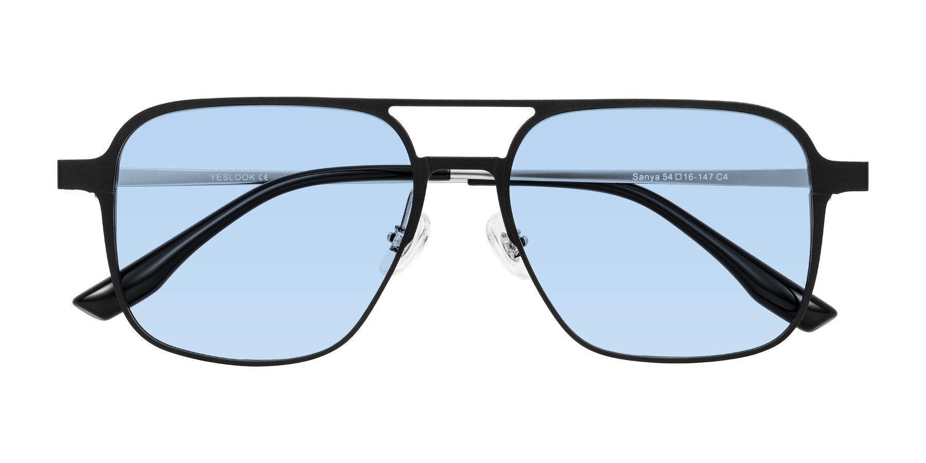 Folded Front of Sanya in Matte Black/Silver with Light Blue Tinted Lenses