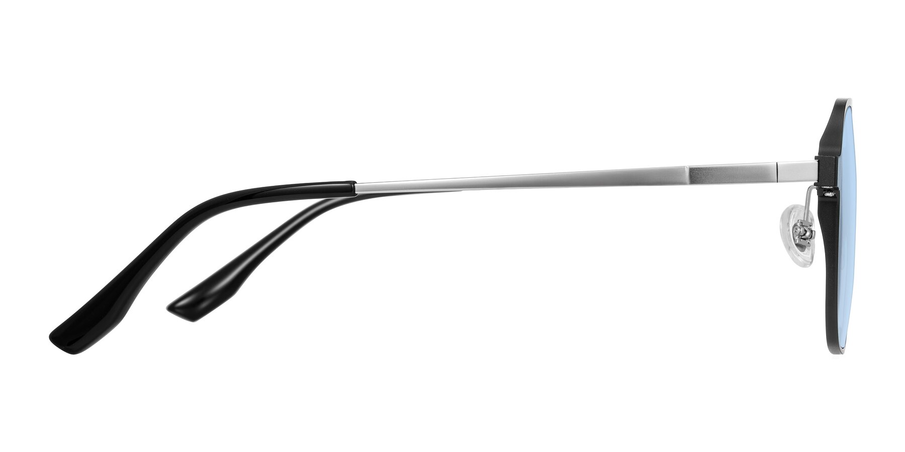 Side of Sanya in Matte Black/Silver with Light Blue Tinted Lenses
