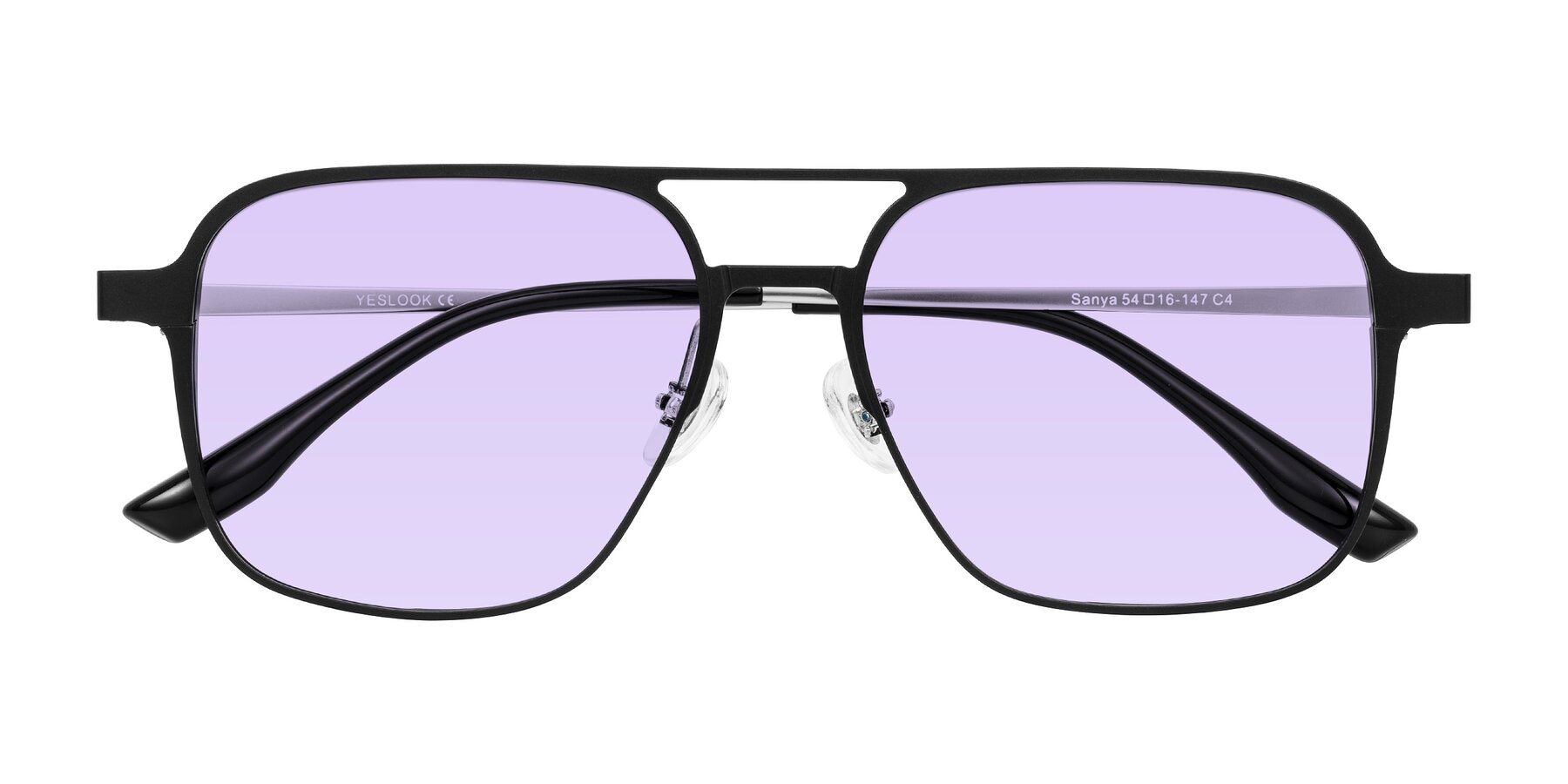 Folded Front of Sanya in Matte Black/Silver with Light Purple Tinted Lenses