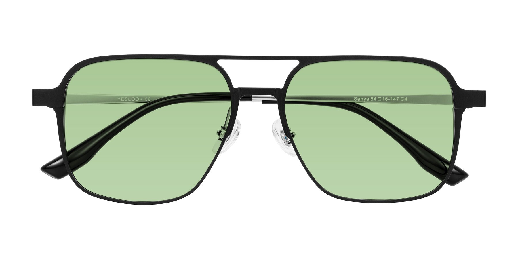Folded Front of Sanya in Matte Black/Silver with Medium Green Tinted Lenses