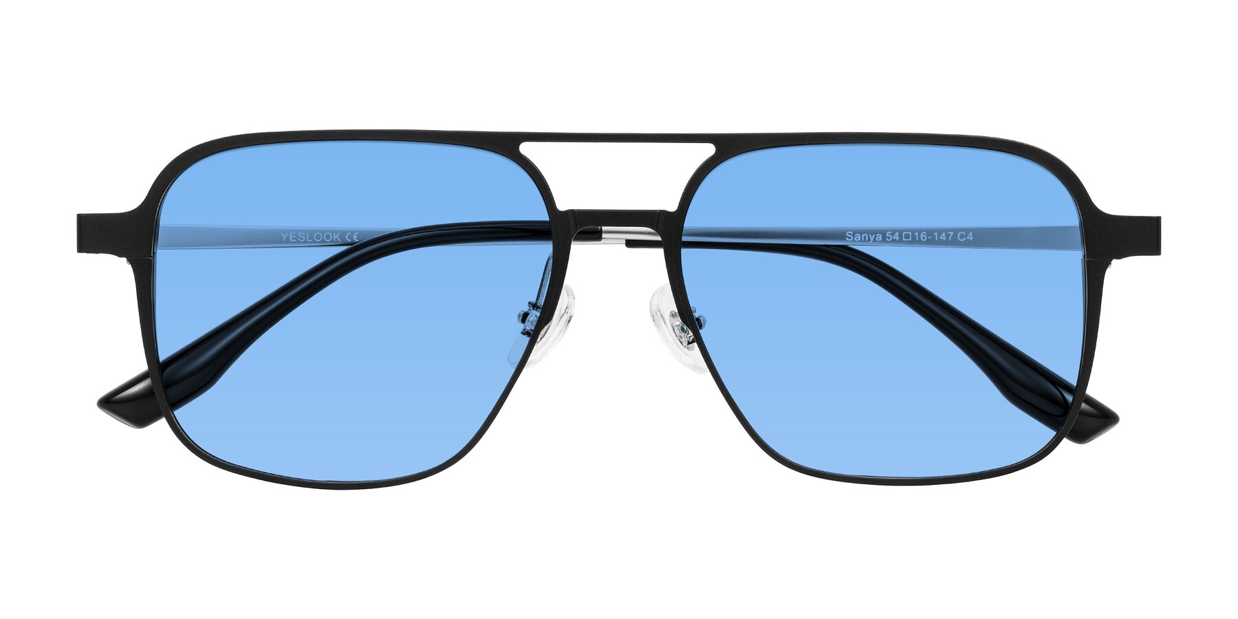 Folded Front of Sanya in Matte Black/Silver with Medium Blue Tinted Lenses
