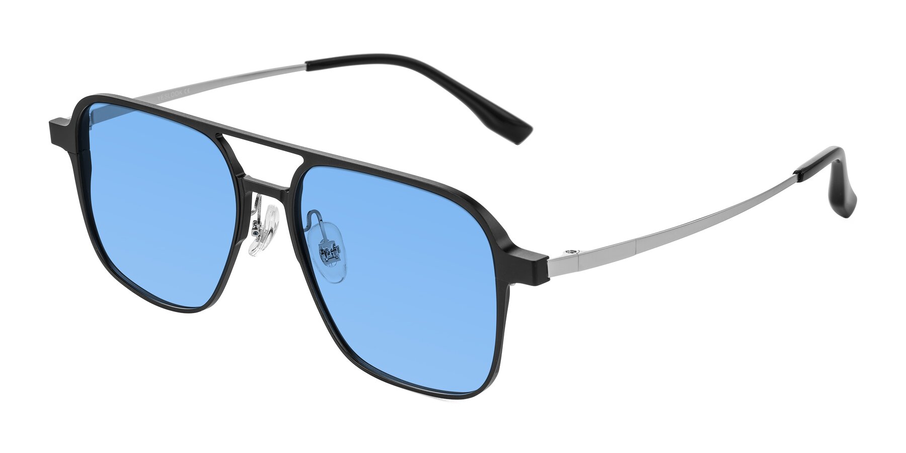 Angle of Sanya in Matte Black/Silver with Medium Blue Tinted Lenses