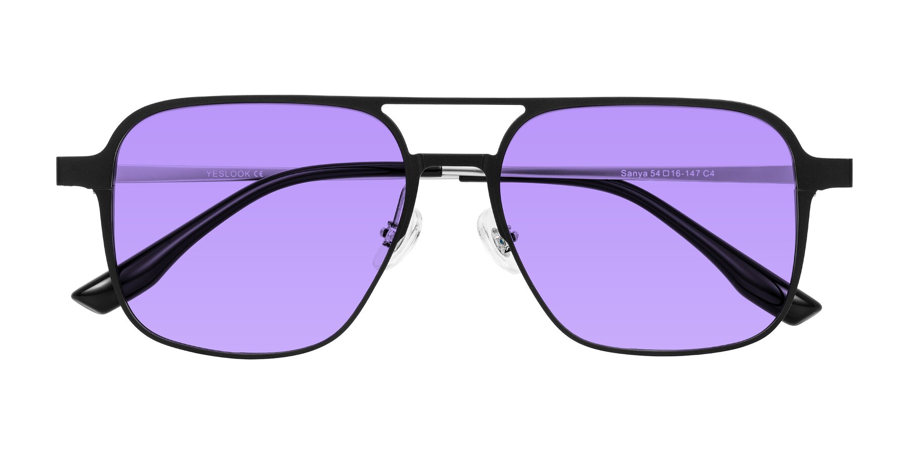 Folded Front of Sanya in Matte Black/Silver with Medium Purple Tinted Lenses